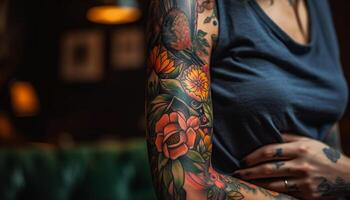 ett ung kvinna innehav henna tatuering bläck genererad förbi ai foto