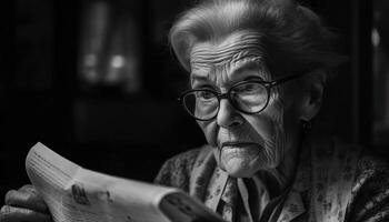ett senior kvinna läsning bok inomhus, glasögon genererad förbi ai foto