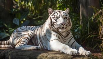 randig skönhet i natur bengal tiger vilar lugnt genererad förbi ai foto