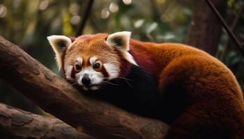 ung röd panda Sammanträde på träd gren genererad förbi ai foto