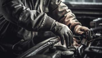 mekaniker reparation bil motor med rycka verktyg genererad förbi ai foto