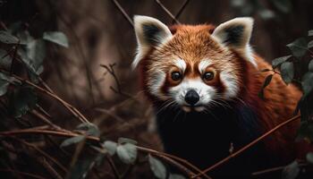 fluffig panda Sammanträde på träd gren, ser söt genererad förbi ai foto