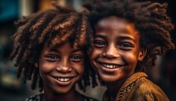 leende syskon bindning utomhus, njuter sorglös barndom tillsammans genererad förbi ai foto