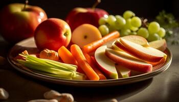 friska tallrik av organisk frukt och grönsaker genererad förbi ai foto