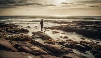ung vuxen stående på sten, tittar på solnedgång genererad förbi ai foto