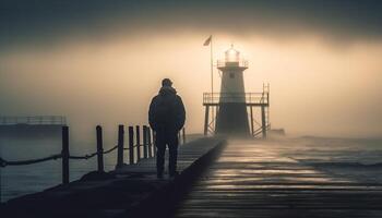 silhuett stående på brygga, beundrande lugn solnedgång genererad förbi ai foto