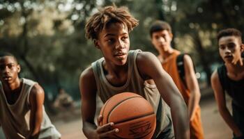 ung idrottare spelar basketboll utomhus med vänner genererad förbi ai foto