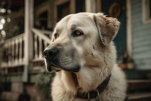 central asiatisk herde hund i främre av en trä- dörr, stänga upp ai genererad foto