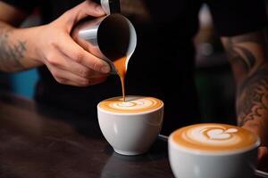 Barista häller mjölk in i kopp av kaffe i Kafé, en kaffe kopp i en stänga upp, hölls förbi en baristas hand och häller kaffe, ai genererad foto