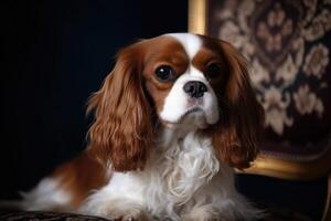 stolt kung charles spaniel porträtt på en mörk bakgrund. ai genererad foto