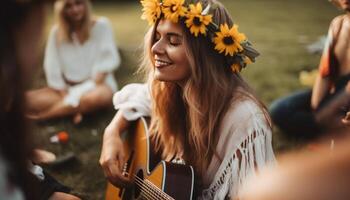 ung vuxna spelar gitarr, njuter natur skönhet genererad förbi ai foto