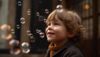 leende litet barn blåser bubblor i natur skönhet genererad förbi ai foto
