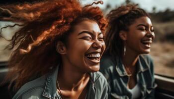 ung kvinnor skrattande, njuter sorglös helgen aktiviteter genererad förbi ai foto