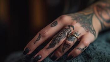 henna tatuering på ung kvinna hand inomhus genererad förbi ai foto