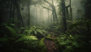 mystisk skog väg leder till förtrollade skönhet genererad förbi ai foto