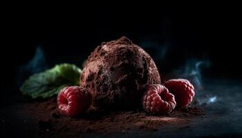 mörk choklad tryffel boll med hallon och jordgubb bär frukt genererad förbi ai foto