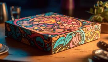 mång färgad krukmakeri vas med utsmyckad mönster på trä tabell bakgrund genererad förbi ai foto