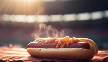 grillad kött, varm hund, och burger på lysande kol grill genererad förbi ai foto