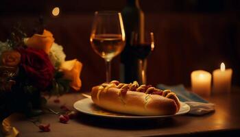 gourmet måltid med vin, kött, och bröd på rustik tabell genererad förbi ai foto