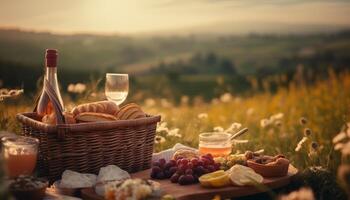 en lugn äng picknick med färsk frukt, vin, och avslappning genererad förbi ai foto