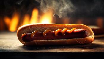 grillad kött på bulle, varm hund och bratwurst, sommar picknick genererad förbi ai foto