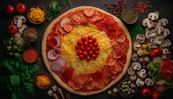 gourmet italiensk pizza med färsk mozzarella, salami, och pepperoni skivor genererad förbi ai foto