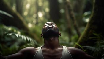 ung afrikansk idrottare mediterar i lugn skog, ögon stängd, leende genererad förbi ai foto