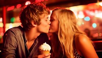 ung par njuter nattliv, fattande och kissing under upplyst natt genererad förbi ai foto