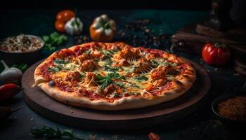 rustik hemlagad pizza bakad med salami, mozzarella, och tomat sås genererad förbi ai foto