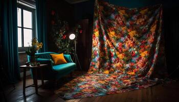 modern elegans i en mång färgad, bekväm levande rum med natur inspirerad dekor genererad förbi ai foto