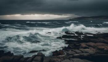 dramatisk storm moln över horisont, kraschar vågor på klippig kustlinje genererad förbi ai foto