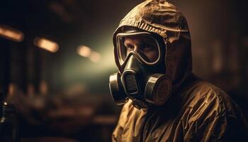 ett man i skyddande kostym och gas mask Arbetar utomhus genererad förbi ai foto