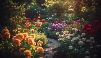 vibrerande tulpan bukett blommar i formell trädgård, omgiven förbi natur genererad förbi ai foto