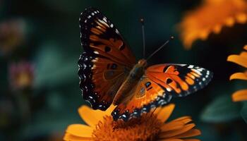 vibrerande fjäril vinge i mång färgad skönhet, pollinerande en gul blomma genererad förbi ai foto