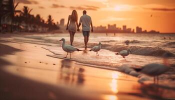 romantisk par gående på lugn strand på solnedgång, njuter samhörighet genererad förbi ai foto