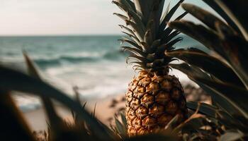 mogen ananas i tropisk solnedgång, en friska sommar förfriskning genererad förbi ai foto