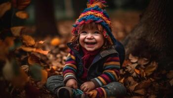 leende barn åtnjuter höst utomhus, omgiven förbi natur skönhet genererad förbi ai foto