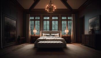 modern lyx sovrum med bekväm strö och elegant dekor inuti genererad förbi ai foto