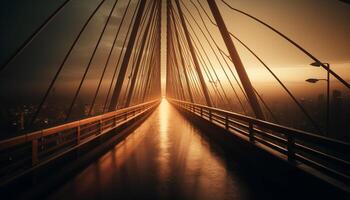 stål suspension bro speglar solnedgång över vatten, försvinnande punkt upplyst genererad förbi ai foto