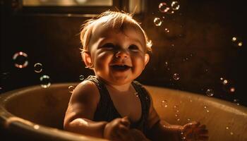 söt bebis pojke stänk i badkar med bubbla wand leksak genererad förbi ai foto