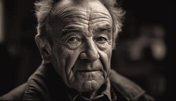 gammal man med grå hår ser ledsen i utomhus- porträtt genererad förbi ai foto