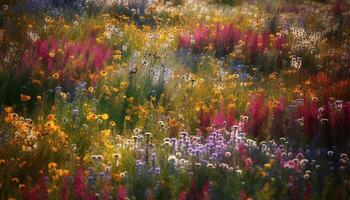vibrerande vild blomma i äng, en färgrik naturlig bukett genererad förbi ai foto