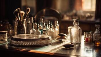antik whisky flaska på rustik tabell, ljus flamma flimrar närliggande genererad förbi ai foto
