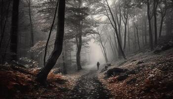 ett person gående genom läskigt skog, försvinnande punkt i syn genererad förbi ai foto