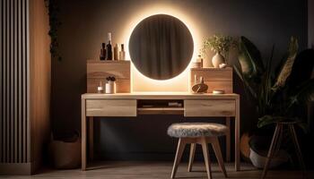 elegant modern levande rum med bekväm trä möbel och belysning genererad förbi ai foto