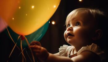 söt bebis flicka innehav färgrik ballong ger glädje och lycka genererad förbi ai foto