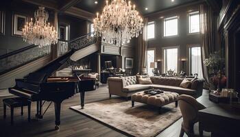 lyx Hem interiör med modern design, bekväm soffa och piano genererad förbi ai foto