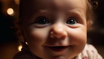 mjukhet och oskuld fångad i lekfull bebis stänga upp porträtt genererad förbi ai foto