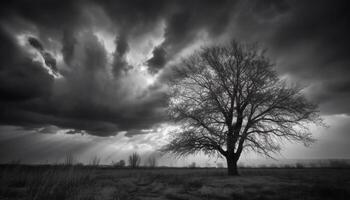 läskigt skog silhuett under lynnig himmel, olycksbådande atmosfär råder genererad förbi ai foto