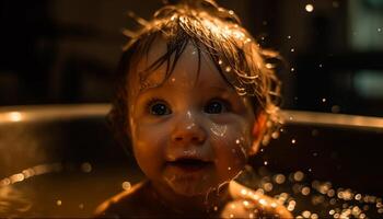 söt caucasian bebis leende i badkar, stänk vatten med glädje genererad förbi ai foto